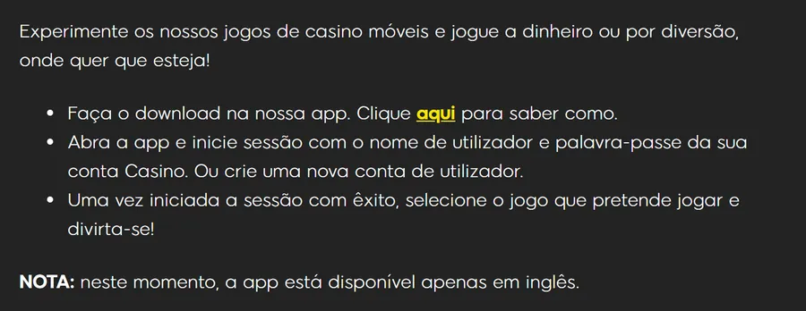 Artigo da central de ajuda do 888 sobre jogar no telemóvel: nota, neste momento a app está disponível apenas em inglês