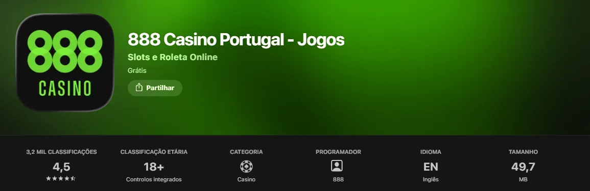 Página da app 888 Casino Portugal - Jogos na App Store: 3,2 mil classificações, nota 4,5, 18+, idioma EN Inglês, 49,7 MB