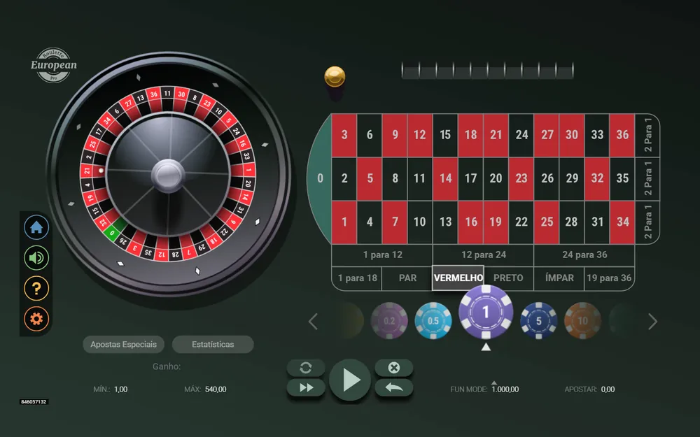 Demo da European Roulette Pro no Bacanaplay com a aposta no vermelho selecionada: mínimo 1 € e máximo 540 €