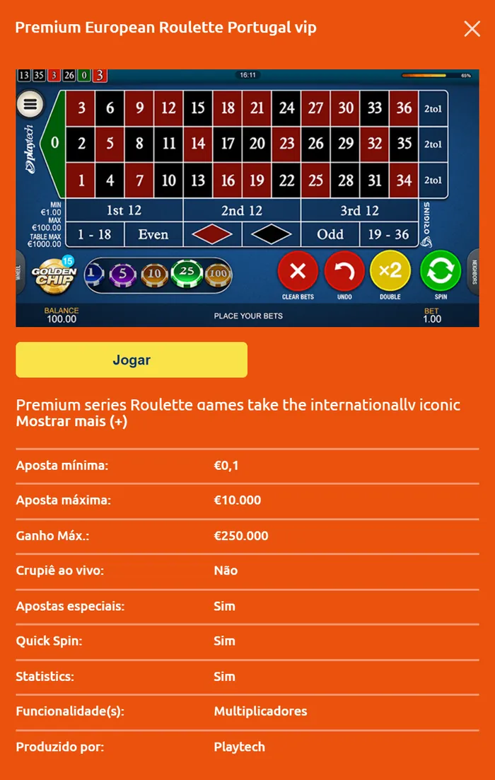 Ficha da Premium European Roulette Portugal VIP no Bacanaplay: aposta mínima 0,10 €, aposta máxima 10.000 €, crupiê ao vivo não