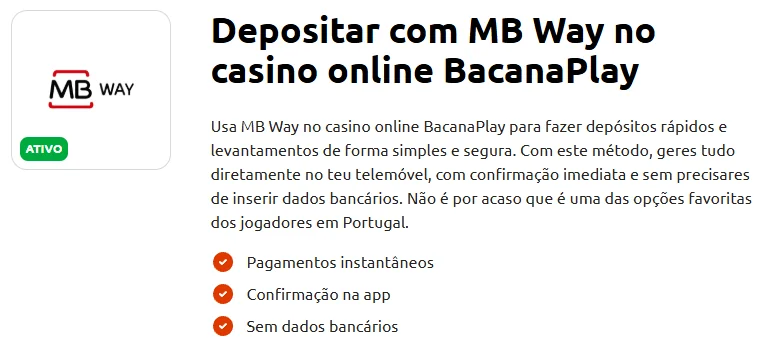 Página Depositar com MB Way no casino online BacanaPlay, que fala em depósitos rápidos e levantamentos por MB Way