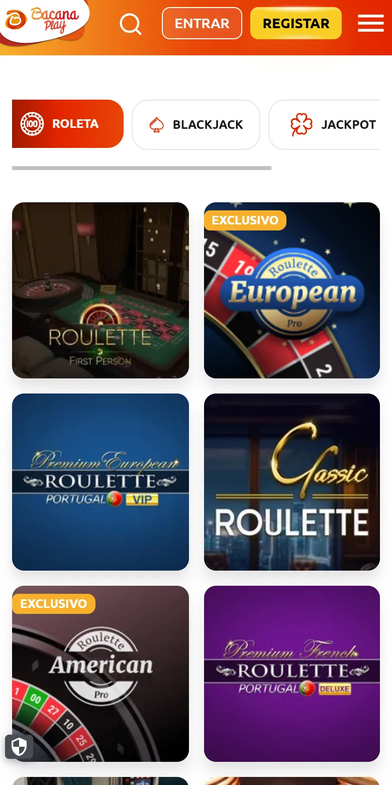 Roletas do Bacanaplay Casino no browser do telemóvel, com os separadores Roleta, Blackjack e Jackpot e as mesas em duas colunas