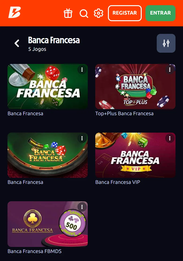 As 5 mesas de Banca Francesa da Betano no browser do telemóvel