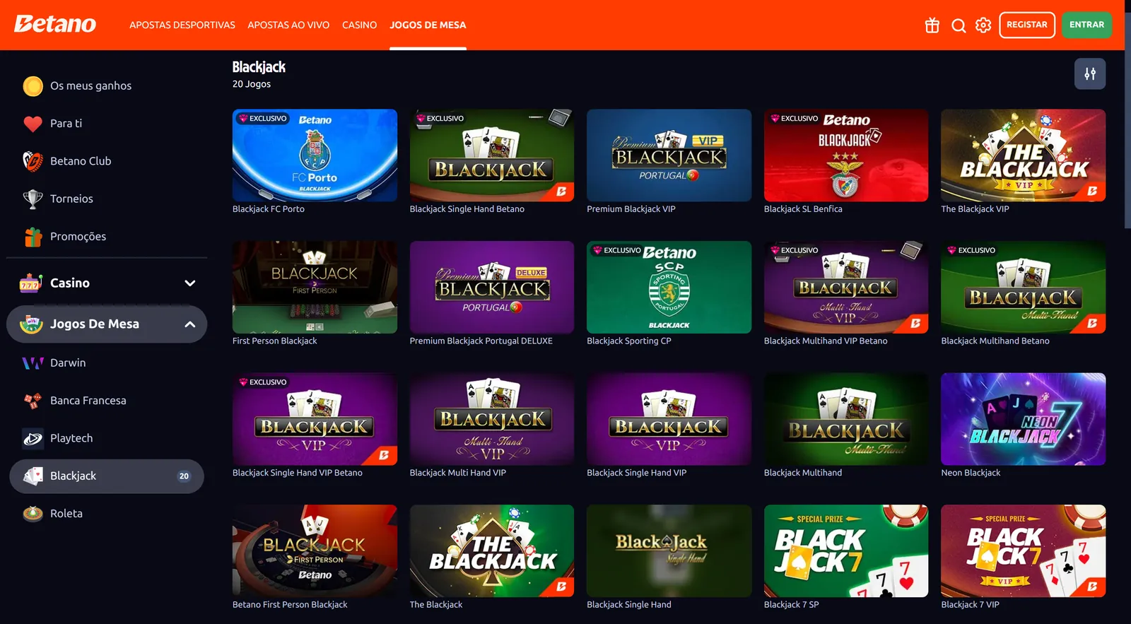 As 20 mesas de blackjack do Betano Casino, com as mesas do FC Porto, do Benfica e do Sporting