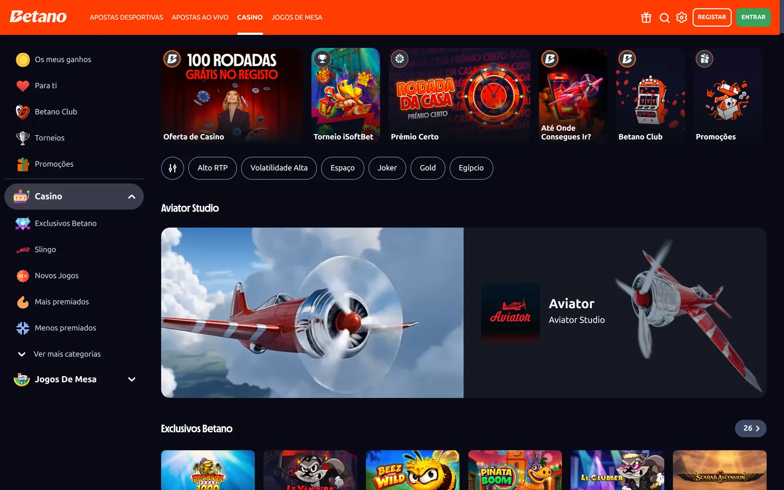 Lobby do Betano Casino no computador, com a oferta de 100 rodadas grátis no registo