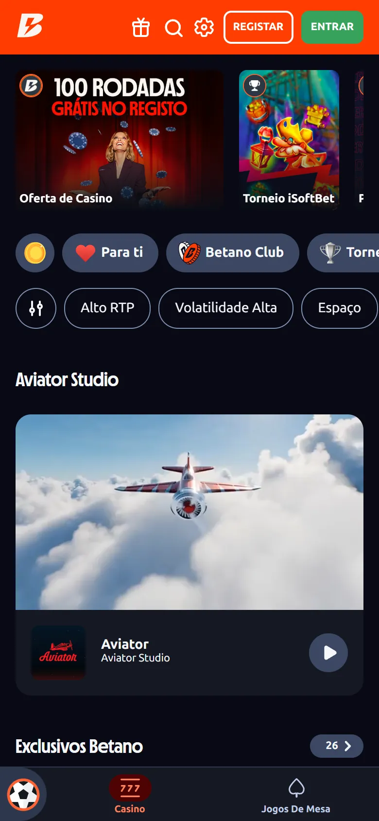 Lobby do Betano Casino no browser de um telemóvel