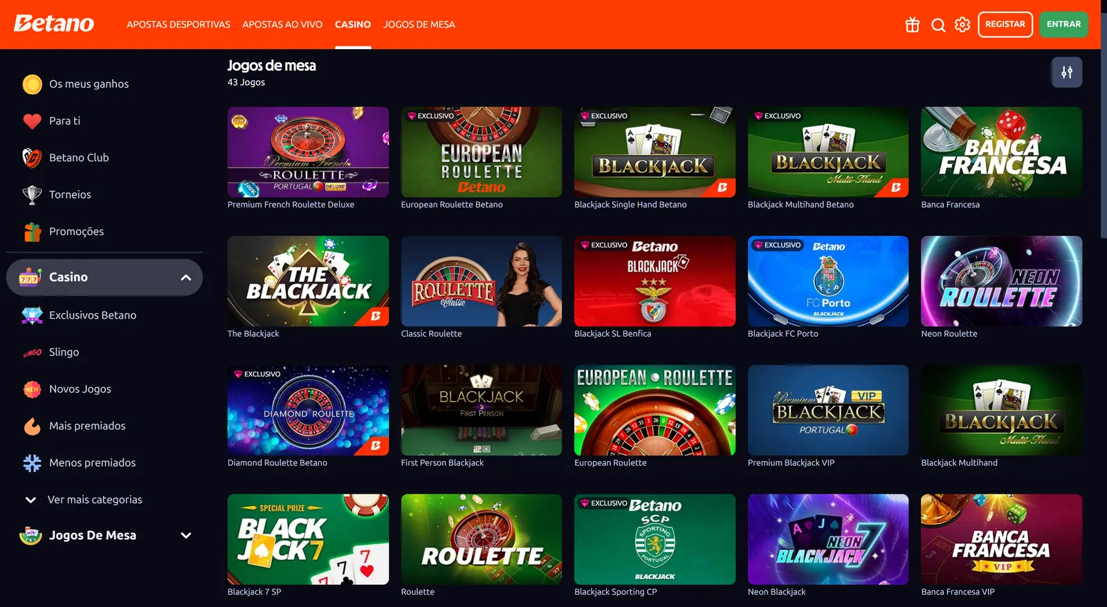 Categoria de jogos de mesa do Betano Casino com 43 jogos e nenhum limite de aposta visível