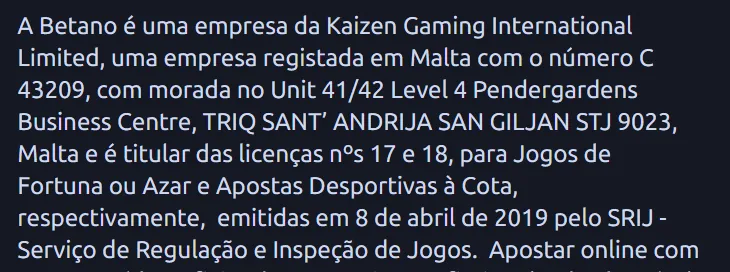 Rodapé da Betano com a Kaizen Gaming e as licenças n.º&nbsp;17 e n.º&nbsp;18 do SRIJ