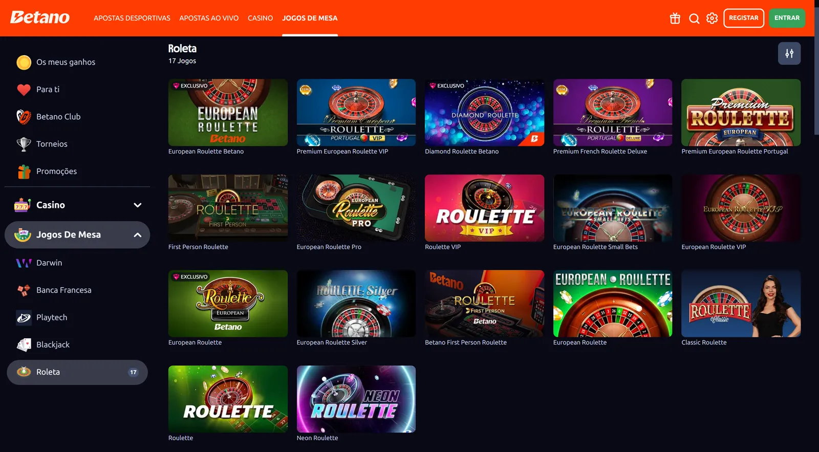 As 17 mesas de roleta do Betano Casino, com as duas exclusivas no topo