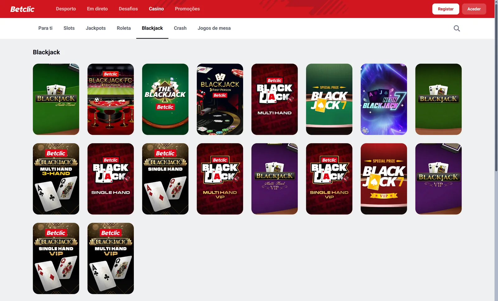 As 18 mesas de blackjack do Betclic Casino, com as versões VIP na segunda e na terceira filas