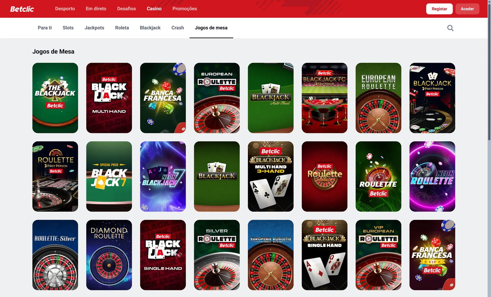 Categoria Jogos de Mesa do Betclic Casino no computador, com mesas de blackjack, roleta e Banca Francesa