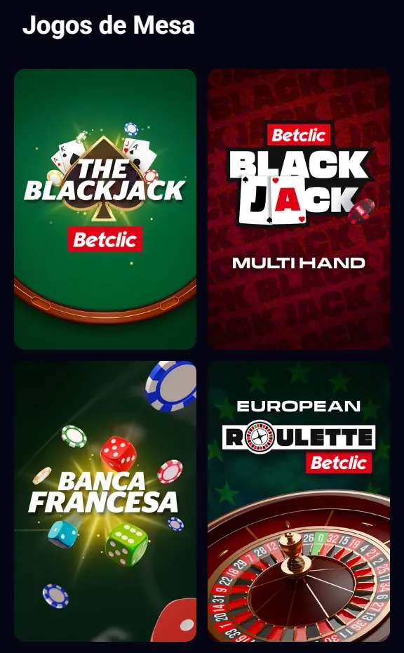 Jogos de mesa da Betclic no browser do telemóvel, com blackjack, Banca Francesa e roleta