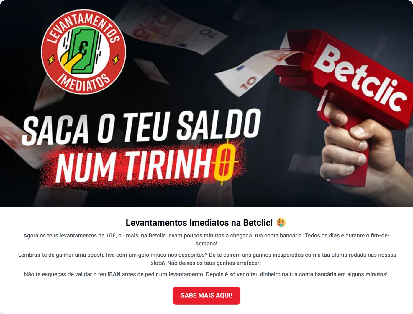 Página dos Levantamentos Imediatos da Betclic: levantamentos de 10 € ou mais chegam em poucos minutos