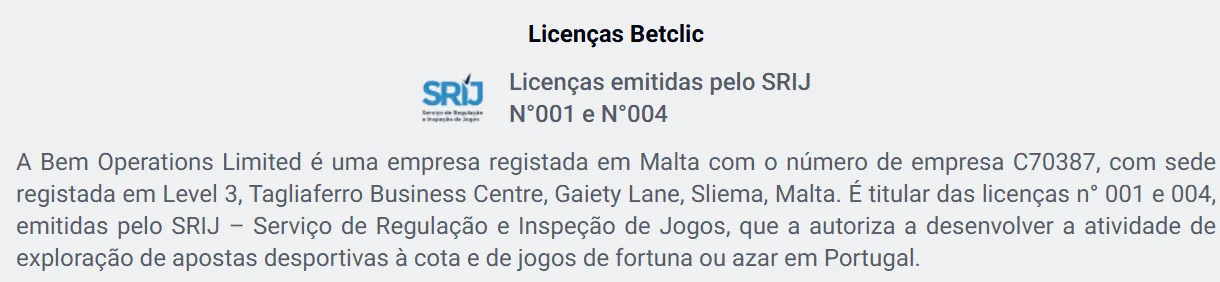 Rodapé da Betclic com a Bem Operations Limited e as licenças n.º 001 e n.º 004 do SRIJ