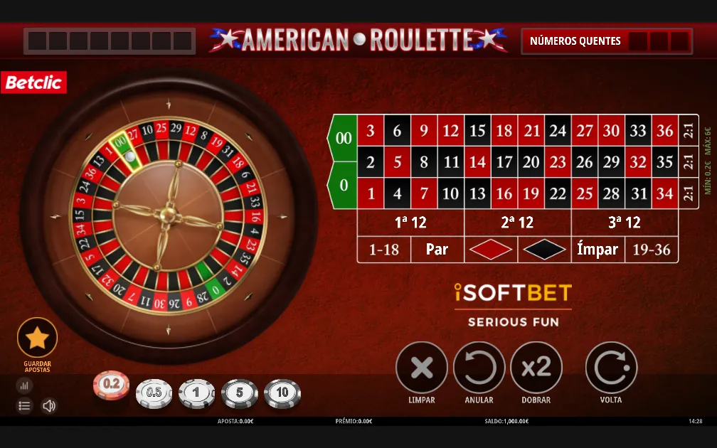 Betclic American Roulette da iSoftBet em modo Testar, com o 0 e o 00, fichas de 0,20 € a 10 € e o letreiro mínimo 0,20 € e máximo 6 € ao lado do pano