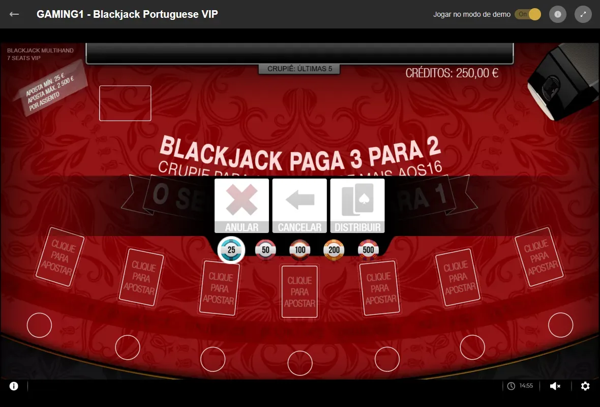 Blackjack online na ESC Online: o Blackjack Portuguese VIP em modo demo, com aposta mínima de 25 € e máxima de 2.500 € por lugar