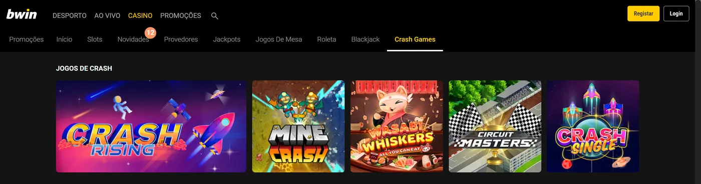 Categoria Crash Games da Bwin com cinco jogos: Crash Rising, Mine Crash, Wasabi Whiskers, Circuit Masters e Crash Single