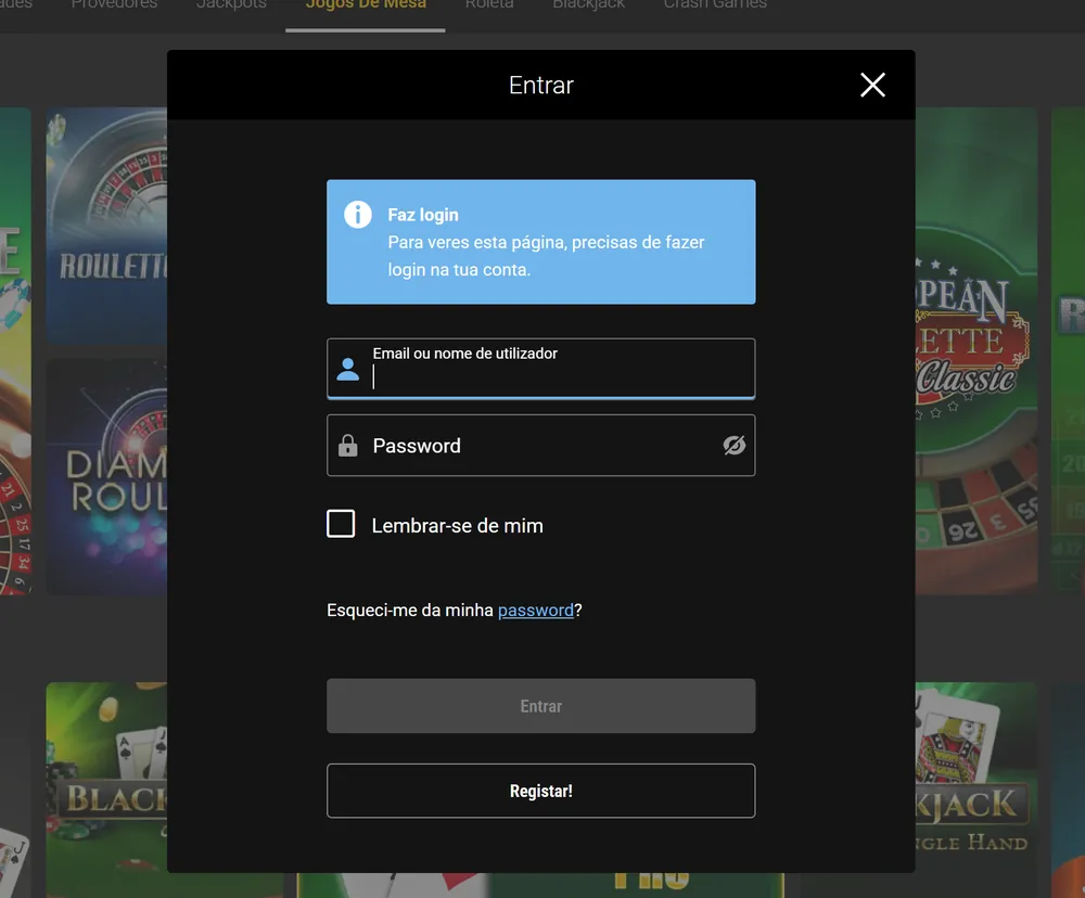 Janela Entrar da Bwin aberta ao carregar numa mesa de roleta, com o aviso Faz login para veres esta página