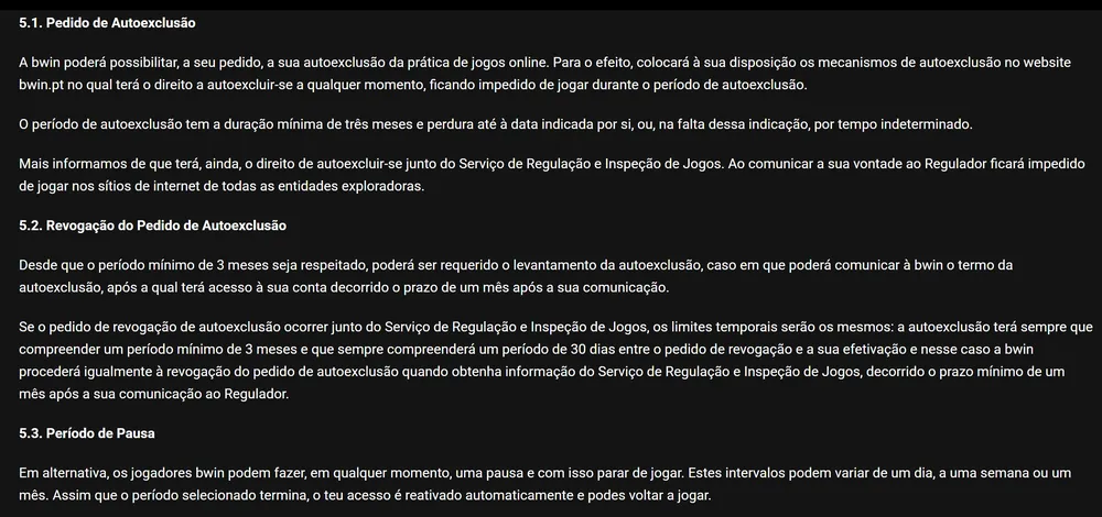 Página de jogo responsável da Bwin: pedido e revogação da autoexclusão e período de pausa de um dia, uma semana ou um mês