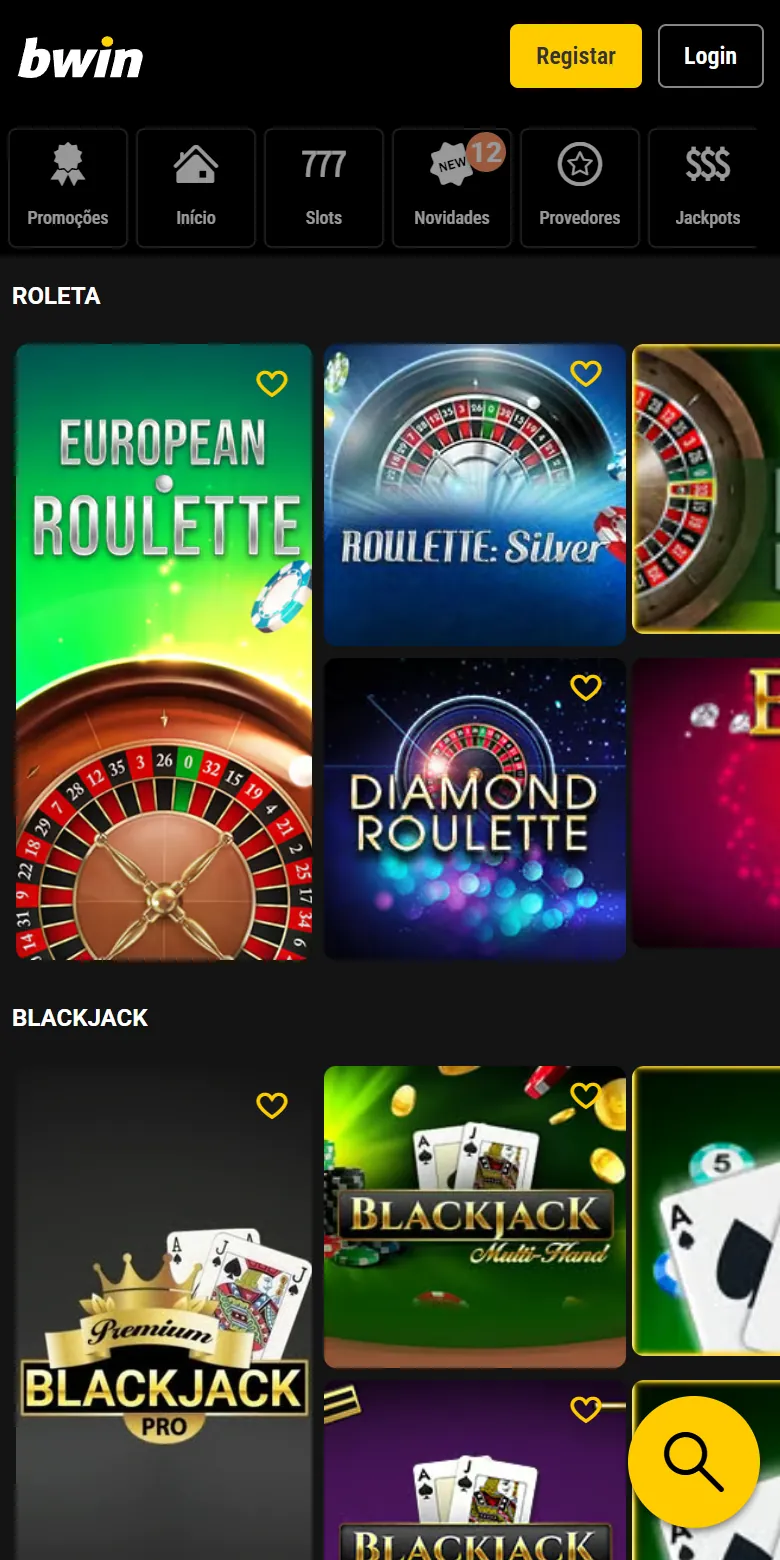Jogos de mesa do Bwin Casino no browser do telemóvel, com as filas Roleta e Blackjack e a barra de navegação em baixo