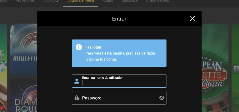 Janela Entrar da Bwin aberta ao carregar numa roleta sem sessão iniciada: para veres esta página, precisas de fazer login na tua conta