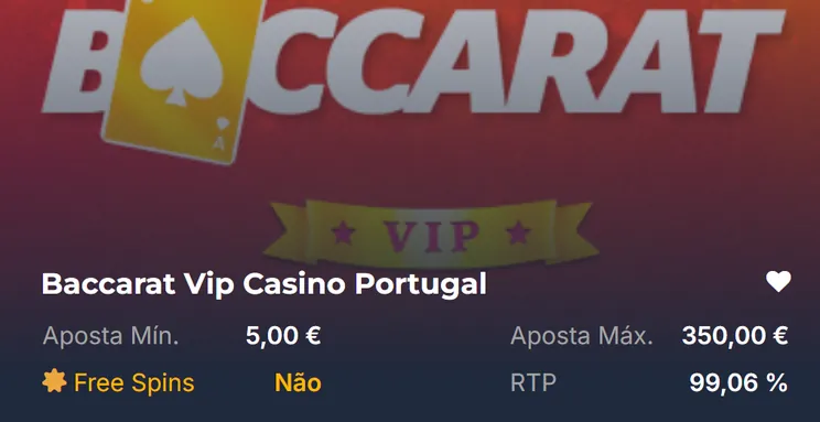 Ficha do Baccarat Vip Casino Portugal: aposta mínima 5 €, aposta máxima 350 €, RTP 99,06%