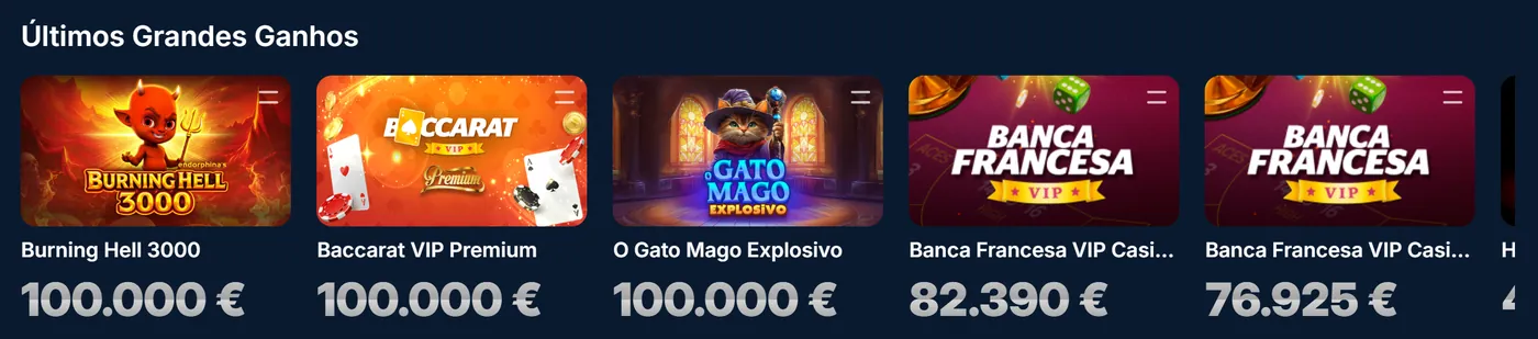 Fila Últimos Grandes Ganhos na página inicial do Casino Portugal, com o Baccarat VIP Premium e a Banca Francesa VIP