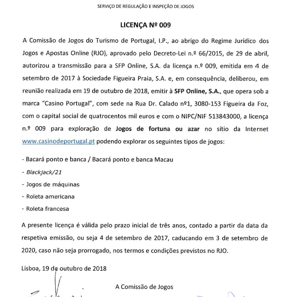 Licença n.º 009 do SRIJ emitida à SFP Online para a marca Casino Portugal, com bacará, blackjack, roleta americana e roleta francesa