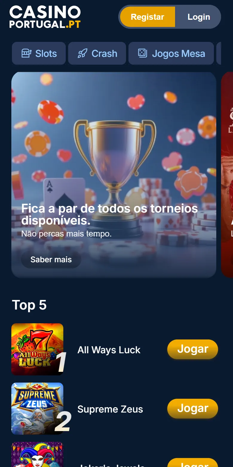 Lobby do Casino Portugal no browser de um telemóvel