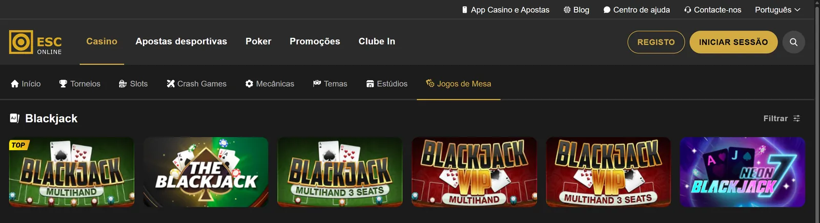 As 6 mesas de blackjack do ESC Online Casino, com as duas mesas VIP da GAMING1