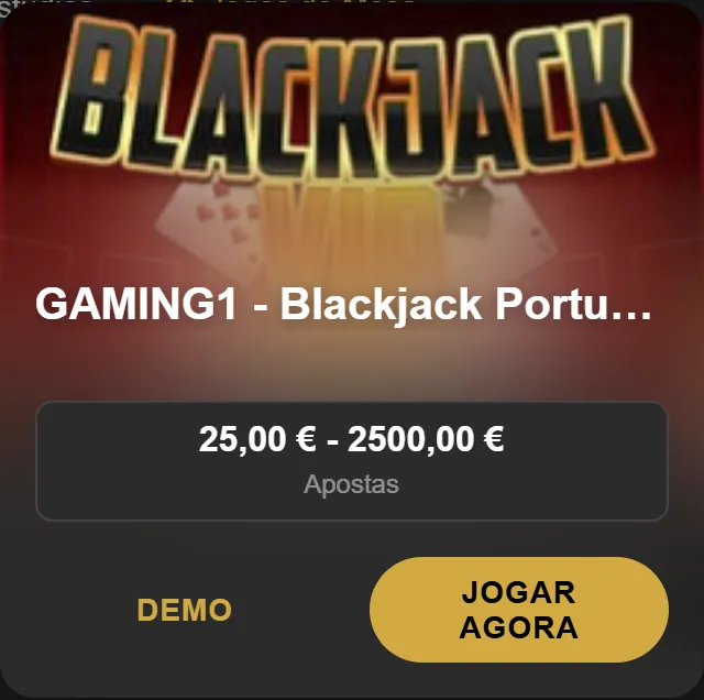 Cartão do Blackjack Portuguese VIP da ESC Online com apostas de 25 € a 2.500 €