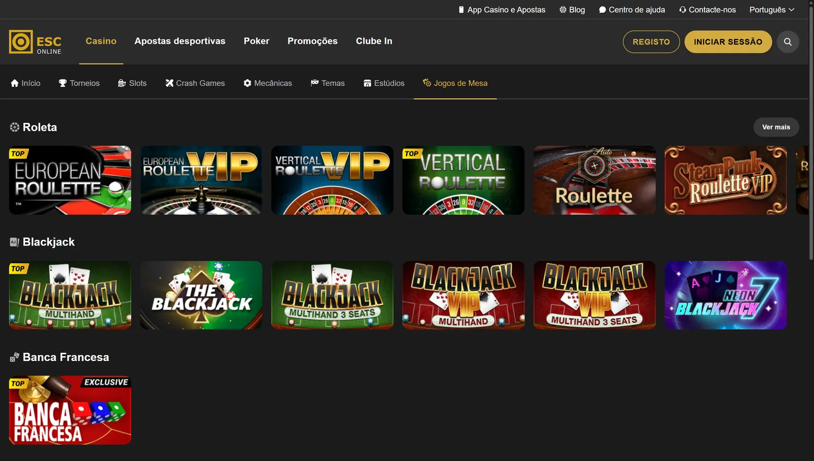 Categoria Jogos de Mesa do ESC Online Casino no computador, com roleta, blackjack e Banca Francesa