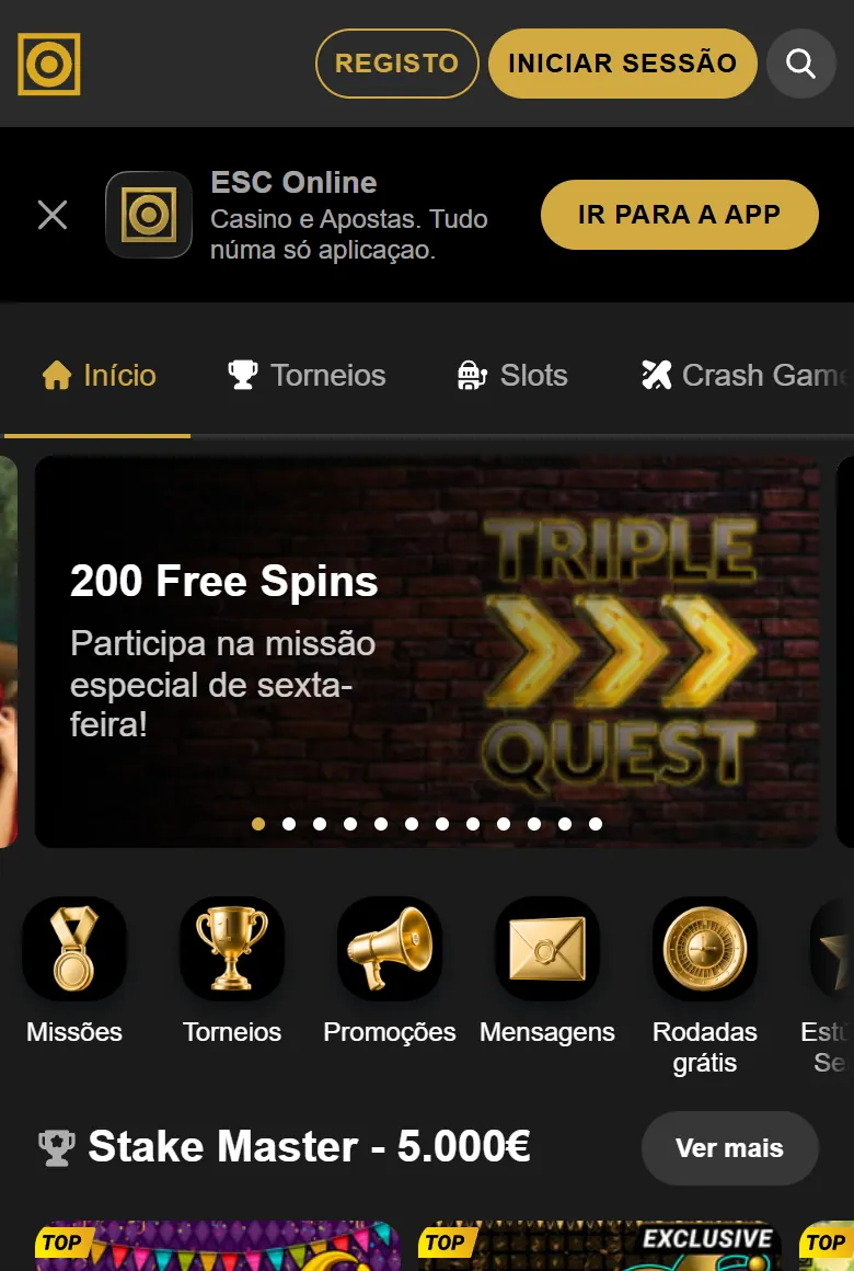 Lobby do ESC Online Casino no browser de um telemóvel