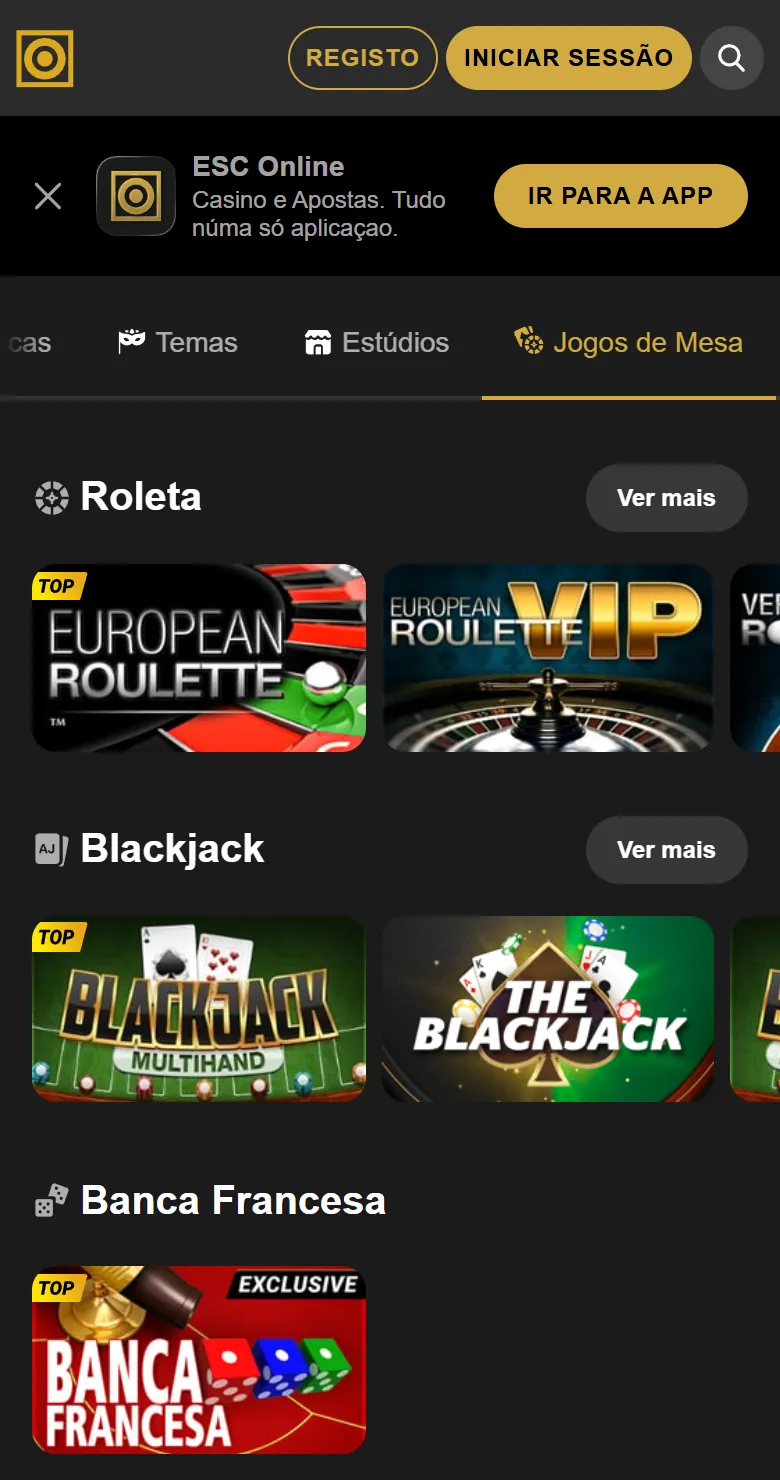 Jogos de mesa da ESC Online no browser do telemóvel, com roleta, blackjack e Banca Francesa