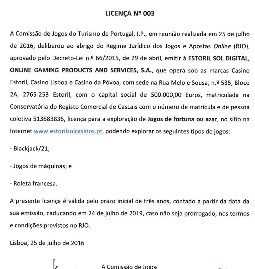 Primeira página da licença n.º 003 do SRIJ, emitida à Estoril Sol Digital a 25 de julho de 2016
