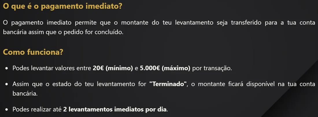 Artigo do centro de ajuda da ESC Online sobre o pagamento imediato: de 20 € a 5.000 € por transação e até 2 levantamentos imediatos por dia
