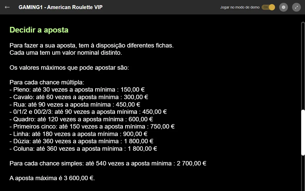 Regras da American Roulette VIP da ESC Online em demo: pleno até 150 €, dúzia até 1.800 €, chances simples até 2.700 € e aposta máxima de 3.600 €