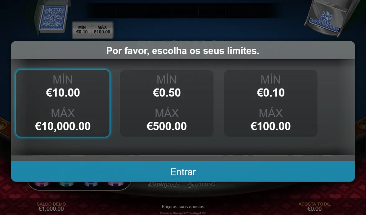 Escolha de limites do Premium Blackjack Portugal VIP na Placard: 10 € a 10.000 €, 0,50 € a 500 € ou 0,10 € a 100 €