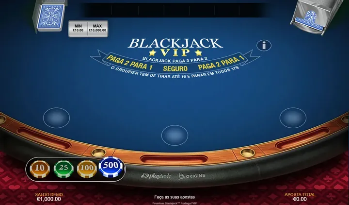 Mesa de Blackjack VIP do Placard em modo demo, com apostas de 10 € a 10.000 €