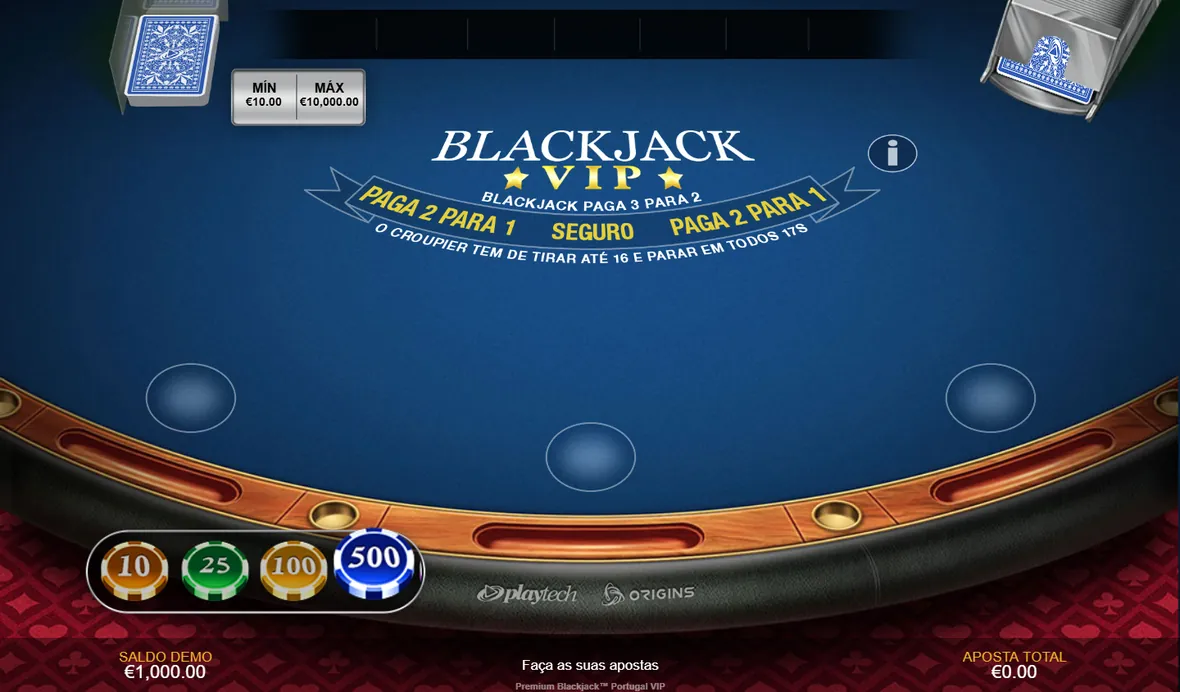 Premium Blackjack Portugal VIP no Placard Casino em modo demo, com mínimo de 10 € e máximo de 10.000 €
