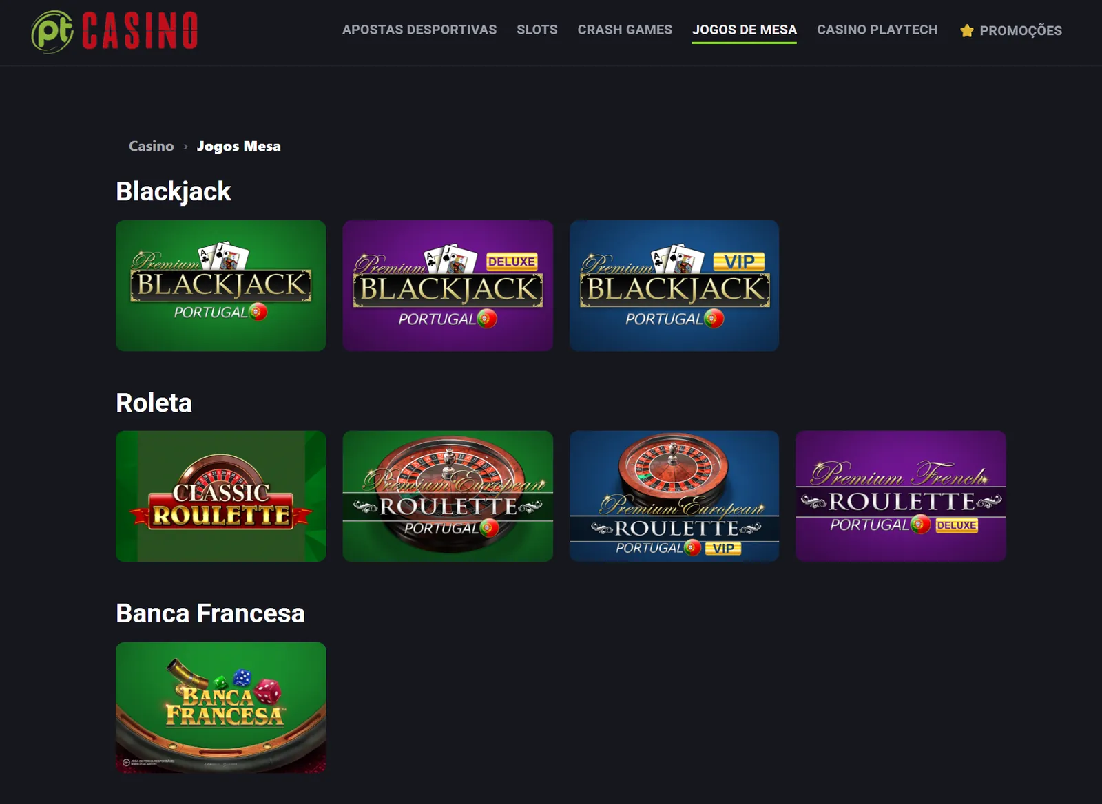 Página Jogos de Mesa do Placard Casino no computador, com 3 blackjacks, 4 roletas e 1 Banca Francesa