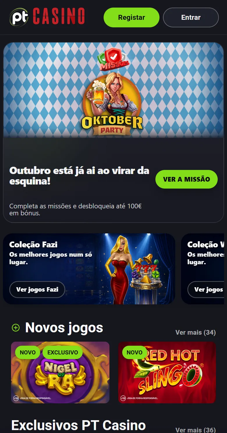 Lobby do Placard Casino no browser de um telemóvel