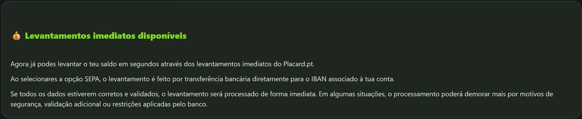 Caixa Levantamentos imediatos disponíveis na página de pagamentos do Placard.pt: levantar o saldo em segundos, por SEPA, para o IBAN associado à conta