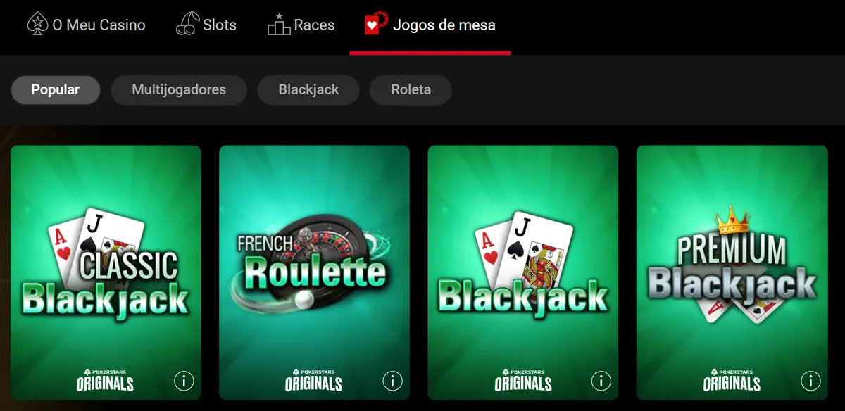 Lobby do PokerStars Casino no computador: o separador Jogos de mesa com Classic Blackjack, French Roulette, Blackjack e Premium Blackjack, todos PokerStars Originals