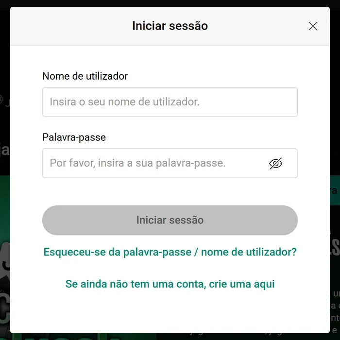 Janela Iniciar sessão da PokerStars aberta ao carregar em Jogue Agora sem sessão iniciada: nome de utilizador, palavra-passe e ligação para criar conta