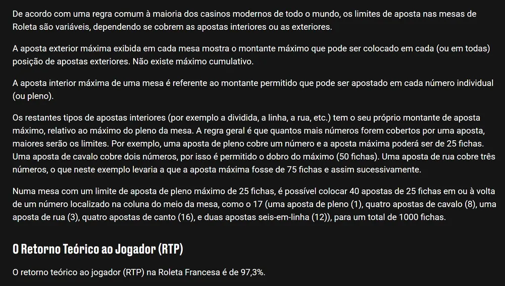 Regras da Roleta Francesa na PokerStars: a aposta exterior máxima vale para cada posição, a interior depende do máximo do pleno, e o RTP é de 97,3%