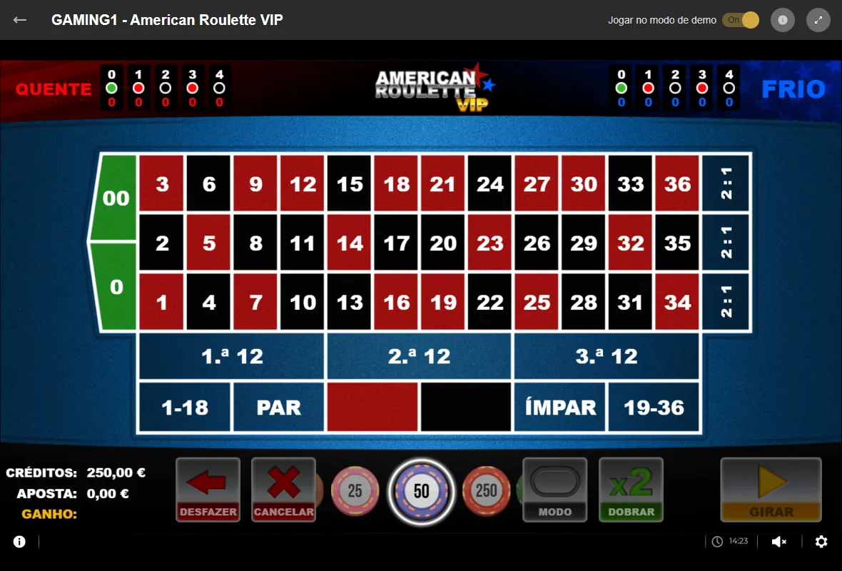 Roleta americana online na ESC Online: a American Roulette VIP da GAMING1 em modo demo, com o 0 e o 00 no pano e 250 € de saldo de demonstração