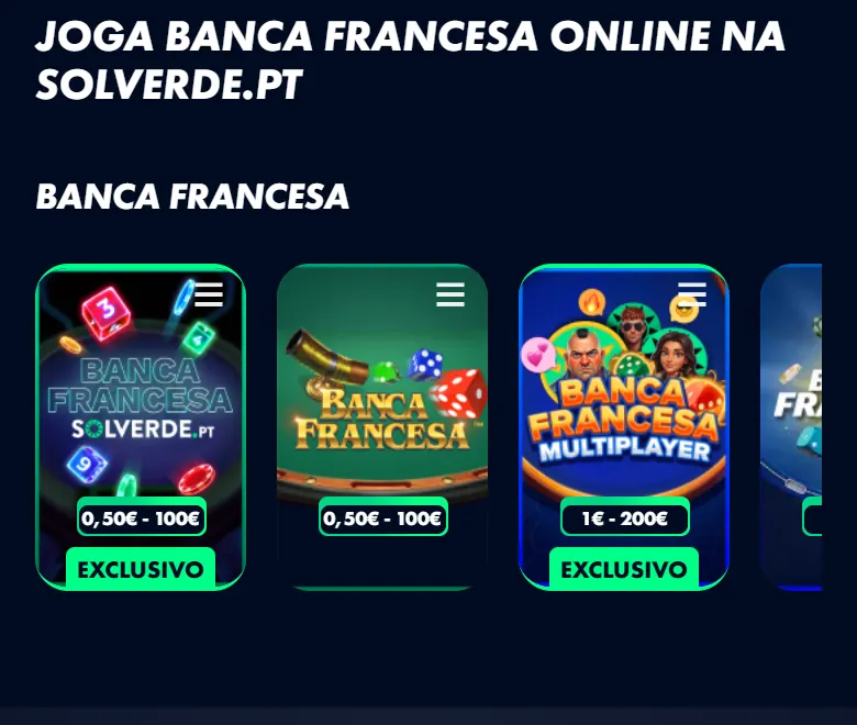 Mesas de Banca Francesa da Solverde no browser do telemóvel