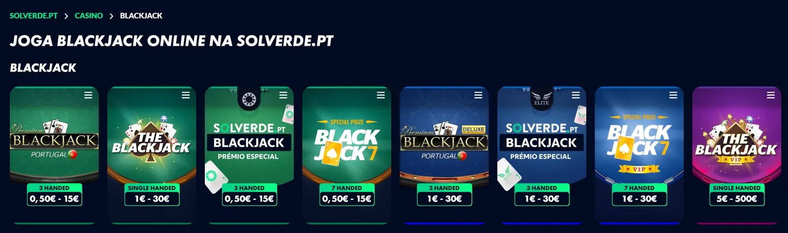 Mesas de blackjack da Solverde com o número de mãos e os limites de cada uma