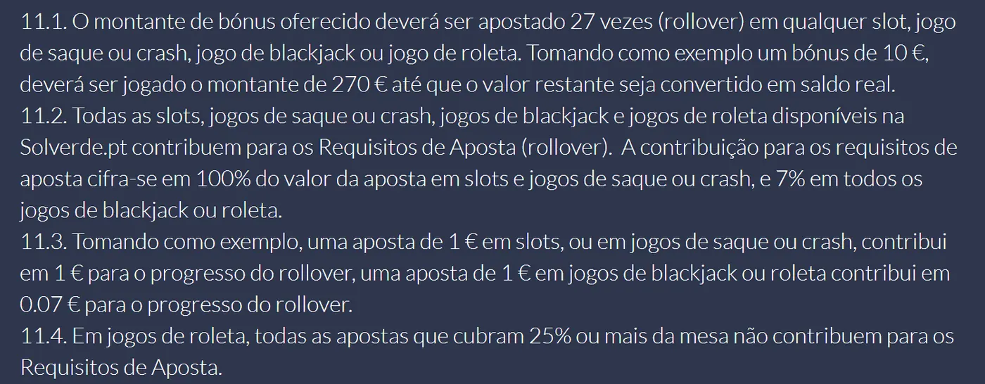 Cláusula 11 dos termos do bónus da Solverde: rollover de 27 vezes e contribuição de 7% em roleta e blackjack